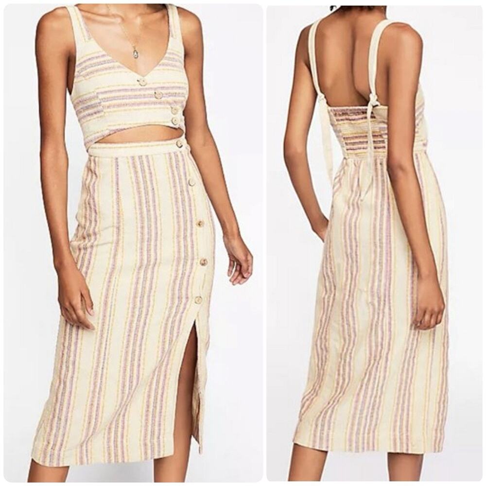 Free People Ultraviolet Midi Cotton Linen Cutout Striped Dress Size SP